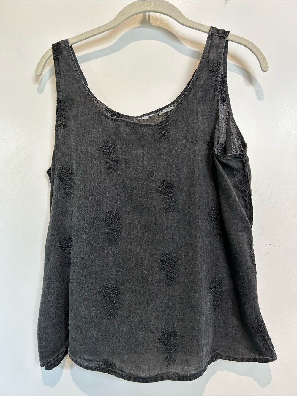 Anthro Washed Black Embroidered Irish Linen Tank Top
